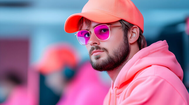 Portrait of a Young Man in Pink Hoodie and Sunglasses