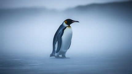 Fototapeta premium Abstract foggy ice field with king penguin walking through faint blue haze and white shadows