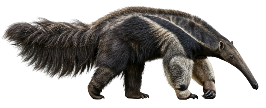 giant anteater walking side view, long-nosed mammal, isolated on a transparent background