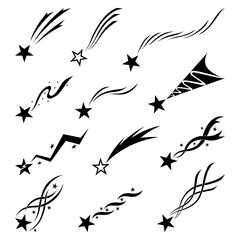 Shooting star icons set. Falling meteorites or comets. Comet tail or star trail illustration set isolated on white background