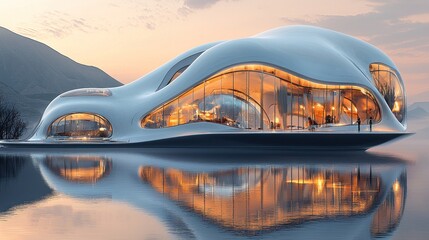 Futuristic, flowing home on a lake at sunrise