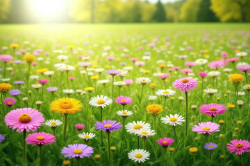 Obraz premium field of flowers with the sun shining in the background