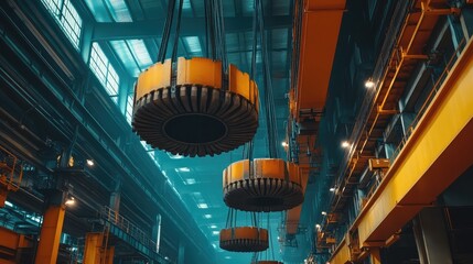 Crane segments placed side by side under bright ceiling lights