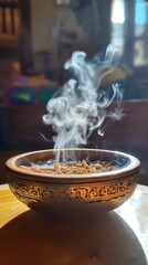 Fototapeta premium Ethereal Smoke Rising from Traditional Bowl in Cozy Environment