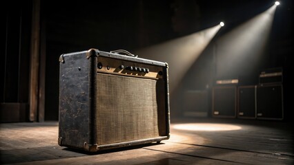 outdoor concert amplifier atmosphere. Vintage guitar amplifier illuminated on stage, creating a moody atmosphere with dramatic lighting.