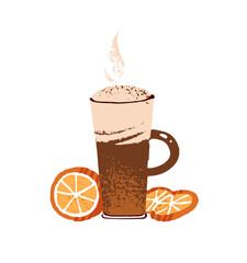 Glass of coffee with cream foam and slices of orange. Cup of hot decaf drink with milk. Coffeehouse beverage, macchiato or frappe. Flat isolated hand drawn vector illustration on white background