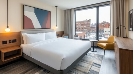 Obraz premium Spacious luxury hotel room with king-sized bed, ambient lighting, and floor-to-ceiling windows overlooking the city skyline
