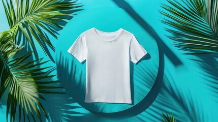 Elegant flat lay of a blank white t-shirt on round surface, the blue background featuring abstract motifs