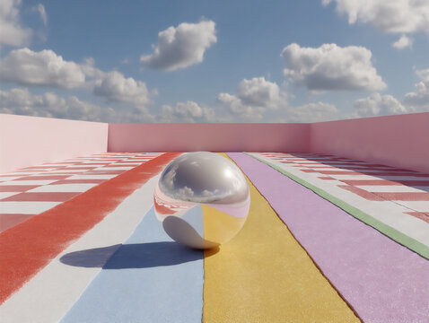 soft and abstract 3d rendering featuring pulsating pastel light rays in coral, sky blue, and lemon yellow converging on a luminous sphere