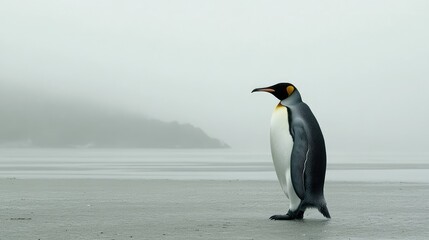 Frozen ground beneath a king penguin walking into fading visibility, icy wind visible in soft fog curls