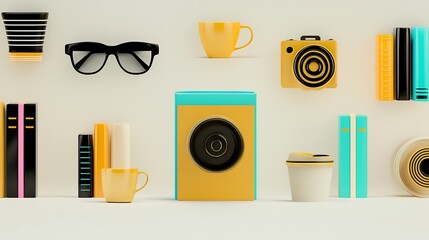 Minimalist, colorful objects arranged on a white background, evoking a modern, organized workspace or lifestyle