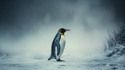 Fototapeta premium High-resolution image of a king penguin walking slowly across a fog-filled frozen tundra, framed in frost