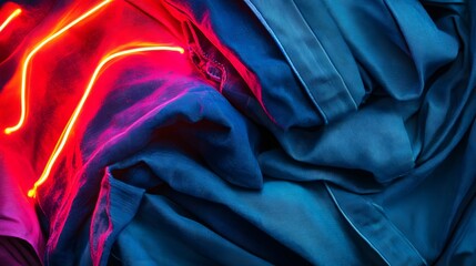 Obraz premium Neon light design over crumpled dark blue fabric.