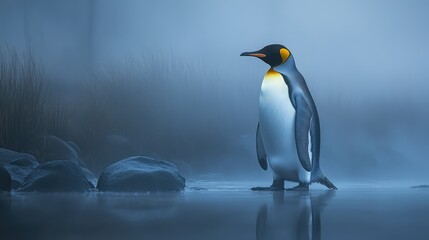 Fototapeta premium King penguin traveling across a glacial plain, fog rolling in from the distance, cold tones dominating the frame