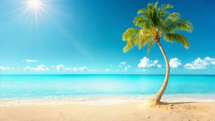 Obraz premium Clear blue ocean, sandy beach, and a leaning palm tree under bright sunlight on a beautiful tropical day