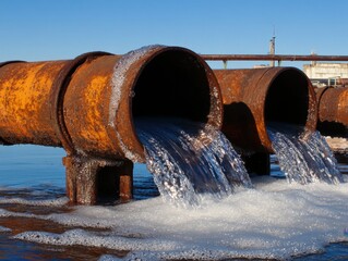 Industrial pipes discharging water into a body of water low angle environmental impact rusty metal