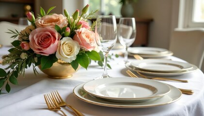 Elegant wedding table setting with floral centerpiece, gold cutlery, and fine china , details, event planning