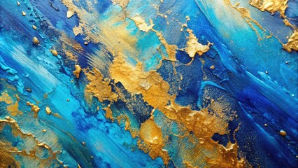 Abstract blue and gold acrylic paint texture displaying fluid artistic brushstroke movement