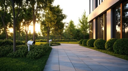 Obraz premium Modern urban outdoor walkway with lush green landscaping and sunlight streaming through trees near contemporary glass building facade du daytime