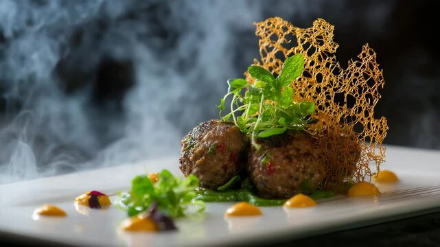 Smoked meatball dish with pea puree, orange sauce, and crispy garnish. Steaming effect adds visual appeal. Shot on a white rectangular plate against a dark background.