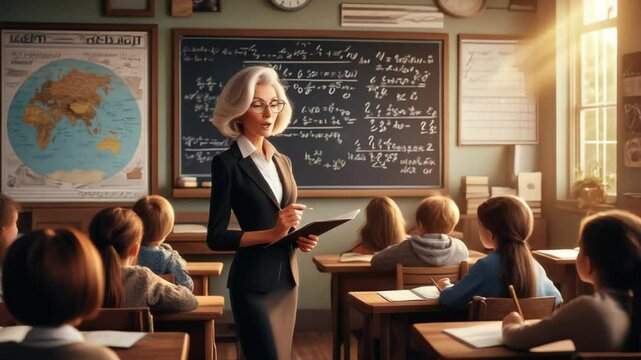 先生と生徒、教室での授業、小学校、授業中の教師と生徒