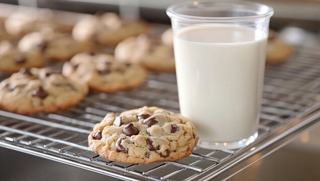 Freshly baked chocolate chip cookies cooling on a wire rack with a glass of milk