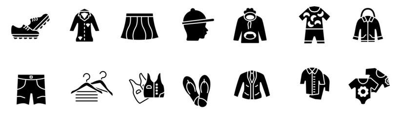Fashion and Clothing icon set. T-shirt, clothes, sweatshirt, dress, hat, jacket. vector