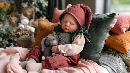 Obraz premium Adorable toddler peacefully asleep with stuffed bunny in a cozy, colorful indoor setting