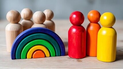 Colorful wooden toys and figures depicting diversity and inclusion with rainbow motif