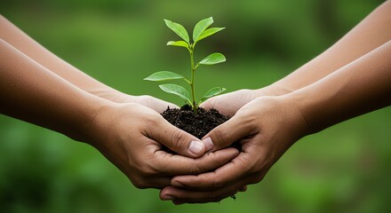Two pairs of hands holding a young green sapling in soil, a concept of environmental care, growth, and sustainability for the future.