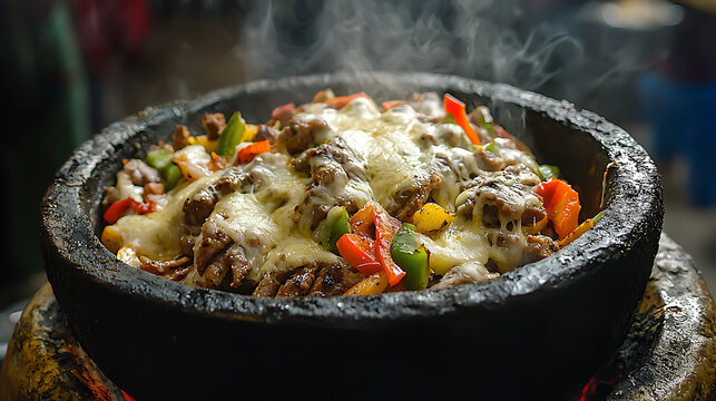 A bowl of food with cheese and peppers is steaming