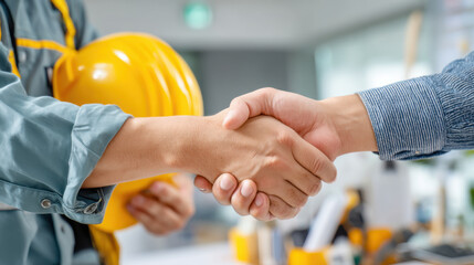 A construction worker shakes hands with another person near a hardhat, signifying a business agreement or project collaboration with mutual respect and trust.
