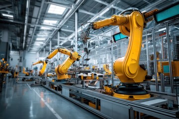 High-tech robotics factory equipped with automated arms for streamlined production and efficiency.