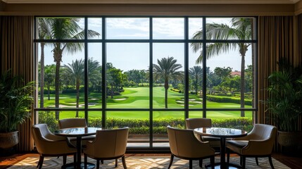 Window view from luxury hotel overlooking green golf course and palms