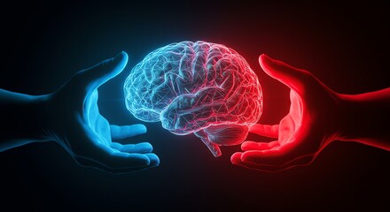A conceptual image showing the duality of the human mind, with red and blue hands representing the conflict between emotion and logic.
