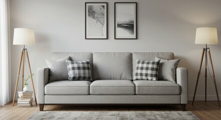 Living room interior representing comfort and relaxation with sofa, lamps, and artwork