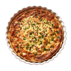 Top view close up of a freshly baked quiche Lorraine in a white ceramic dish isolated
