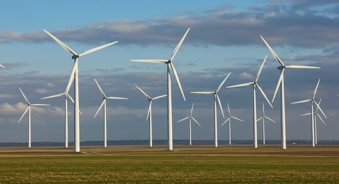 Wind turbines on a wind farm generating sustainable electricity. A landscape showcasing green power and clean energy technology.