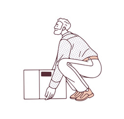 Happy man with straight spine, correct posture lifts heavy object side view. Outline person takes up, moves box, thing in right position. Flat isolated contour vector illustration on white background