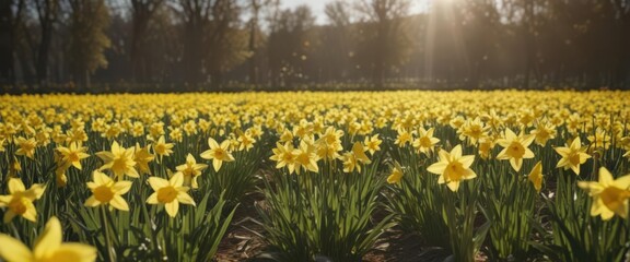 Obraz premium Sunlit daffodil field, vibrant yellow petals gleam , image, sunshine, sun