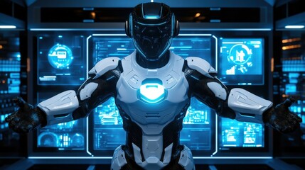 Futuristic Robot with Blue Light in High-Tech Control Room Setting