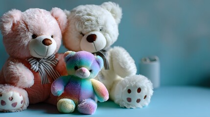 Colorful Teddy Bears in Soft Focus with Pastel Background for Children&rsquo;s Playroom Decor