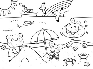 海で遊ぶ動物たちの塗り絵