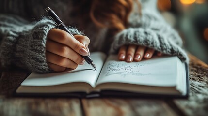 Cozy Journaling Moment, A person writing in a journal with a pen, wearing a cozy sweater