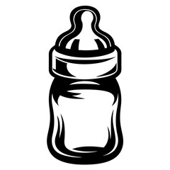 Stylized black and white illustration of a baby bottle with nipple