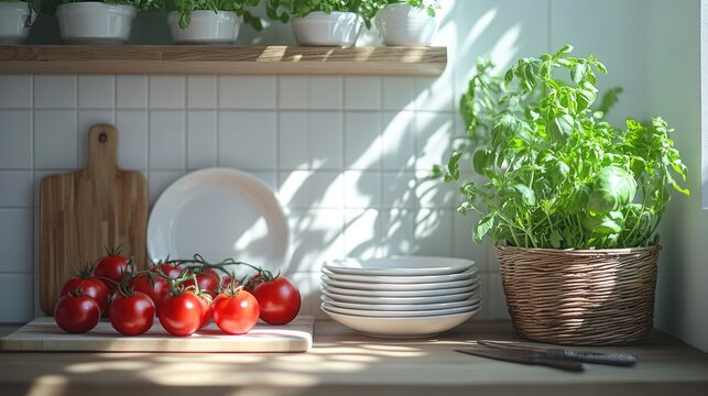 Ripe tomatoes in a wicker basket near a cutting board and knife. Fresh produce, awaiting preparation.