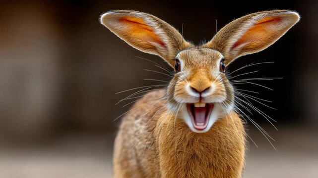 Rabbit with its ears up and teeth bared, looking at the camera