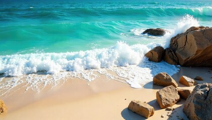 Naklejka premium Jagged rocks meet turquoise waves, sun-drenched sand , sea, background