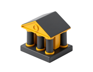 Building with a yellow roof and four pillars. The building is a bank
