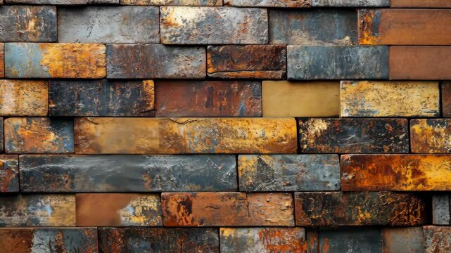 Multicolored brick wall texture with varying shades of brown, orange, grey, and black